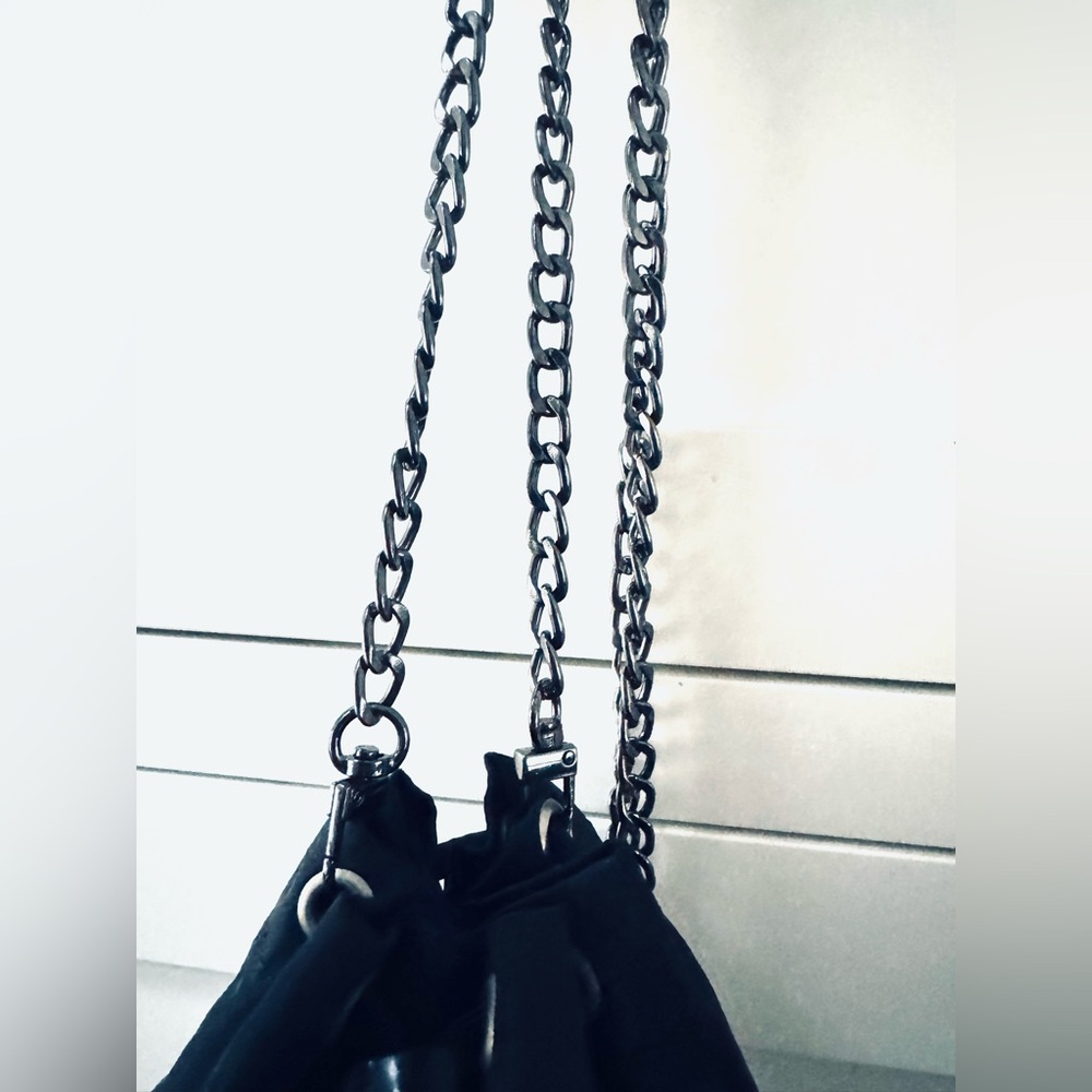 PRADA Black Nylon Drawstring Pouch Bag + Added Black/Silver Chain Crossbody - Picture 7 of 8